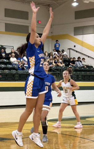 SPURETTE DEFENSE Keylee Molina goes up to defend with help from teammate Kendal Walker in the Spurettes loss to Guthrie Feb. 6. | SUE JANE SULLIVAN