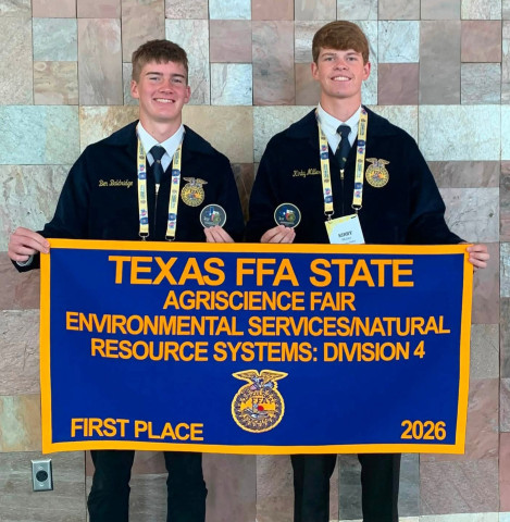 TOP 10 IN NATION JGISD FFA’S Ben Baldridge and Kirby Miller are officially top 10 in the nation. They received word that their agriscience fair project was selected and they will be interviewing for their top 10 placing in the Environmental Sciences/Natural Resource Systems category. The boys will compete in the virtual interview in September and then travel to Indianapolis, Indiana to walk the stage at Lucas Oil Stadium during the 99th National FFA Convention in October. | COURTESY PHOTO