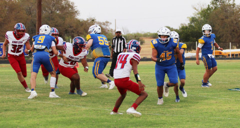 BULLDOGS FOUGHT HARD but fell before the Knox City Greyhounds Sept. 4. | COURTESY PHOTOS