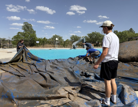 UNVEILING SUMMER Volunteers came together Sunday to pull the cover off the Spur Community Pool at Swenson Park. The pool manager has been hired, and lifeguards are being hired. The City has discussed having the pool ready to open toward the end of May. | TEXAS SPUR