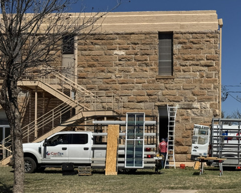 INSTALLATION OF NEW WINDOWS in a historically appropriate style has begun this week at the Dickens County Courthouse, after a lengthy period on order. In July 2025, county commissioners accepted a sole bid of $345,000 for replacement of 43 Peerless windows and $37,300 for three doors, which are approved by Texas Historical Commission standards for historic buildings.The repair was required to mitigate persistent leaks. | TEXAS SPUR