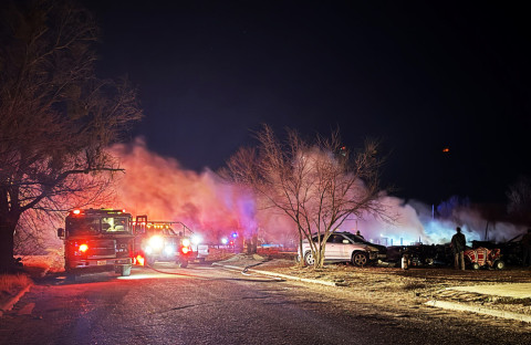 MONDAY NIGHT FIRE in Spur destroyed a travel trailer; residents escaped uninjured, according to VFD. Ten firefighters and four trucks were deployed in addition to the Dickens County Sheriff’s Office. | THE TEXAS SPUR