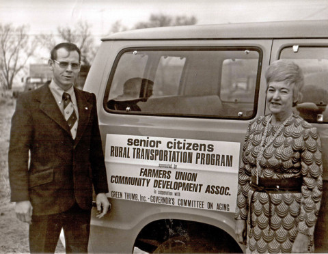 COMMUNITY-MINDED VOLUNTEERS such as County Judge Young and Robbie Joe Hoover back in the day provided rural transportation as well as meals and other services. Flash forward to 2024, when the Spur Senior Center volunteers provide mealson- wheels lunches all over town, five days a week. | SPUR SENIOR CENTER