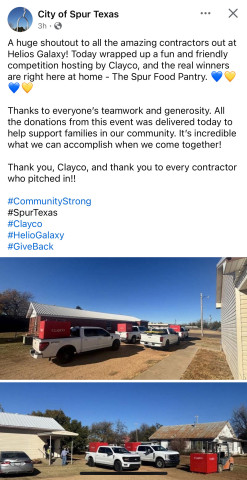 Last week, the Clayco construction contractors working at the e Galaxy Helios plant in northern Dickens County contributed their efforts to benefit the Spur Food Pantry. | FACEBOOK