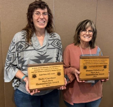 SELFLESS SERVICE McAdoo’s Debi Gardner, left, and Donna Edinburgh of the Dickens Emergency Management Service were both recognized April 11 with the Mark Beck Humanitarian Award. | COURTESY PHOTO