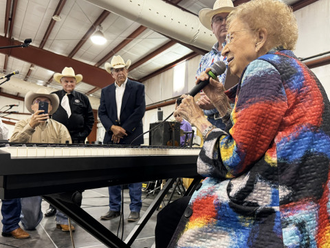 CUTTING A RUG —or at least a concrete show-barn floor—at the Floyd County Friends Unity Center on Saturday were Mr. and Mrs. Sonny Fry of Spur.They attended a 100th birthday party for musician Lucy Dean Record of Lockney, which featured numerous Western Swing bands throughout the afternoon and early evening as fans shared their best wishes with the guest of honor. | COURTESY ART