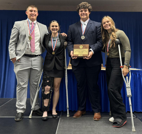 REGIONAL UIL HONORS Jayton High School was the overall regional Speech team champion at last week’s regional UIL academic meet. Honors went to Dayton Bleiker, 1st place in Persuasive Speaking and a State qualifier; Cooper Spray, 2nd place and a State qualifier; Lexi Long, 5th place in Informative Speaking and Colt Gentry, 2nd place and a State qualifier; and Kyndrey Branum, 5th place. This award is an accumulation of all speaking events, Prose/Poetry/Informative/Persuasive. | COURTESY PHOTO