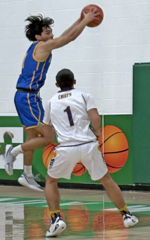 REBOUND Spur BKB Bulldog senior Josh Ortiz grabs a defensive rebound in first-quarter action of Spurs’ playoff game with Crosbyton. The Bulldogs fell to the Chieftains the third time this season, 61-49.