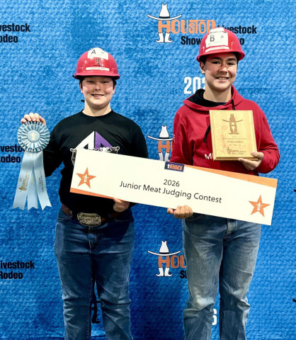 ‘MEAT’-ING UP AT THE MAJORS Henry Chapman (left) and CalvinHays Chapman participated in the Meat Judging competition at the Houston Livestock Show and Rodeo. There are no separate age groups for younger and older contestants. CalvinHays placed 6th overall, and Henry placed 16th. | COURTESY PHOTO