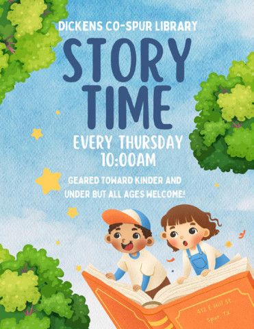 STORY TIME Mark your calendars! Story time is 10 a.m. everyThursday at the Spur Library. | LIBRARY GRAPHIC