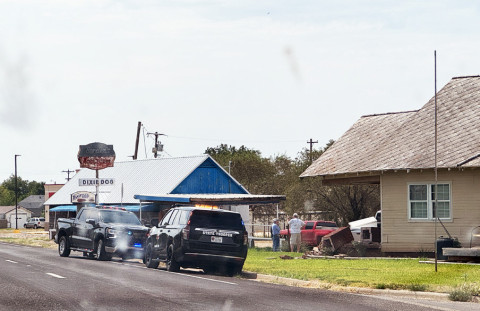 A DODGE RAM PICKUP TRUCK veered off Highway 70 northbound in Spur Monday morning and collided with the front porch of the Taylor residence at the corner of Hill Street and Carroll Avenue. The driver was the only occupant of the vehicle; no one was inside the house at the time of the incident. | THE TEXAS SPUR
