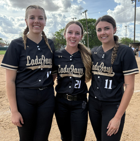 PLAYOFF BOUND The Jayton Lady Jays softball team has made history this year and will be going to the first playoff game ever for the program with help of a trio of seniors: from left, Lainey Baldridge, Remi Long and Sidney Hall. | SUE JANE SULLIVAN
