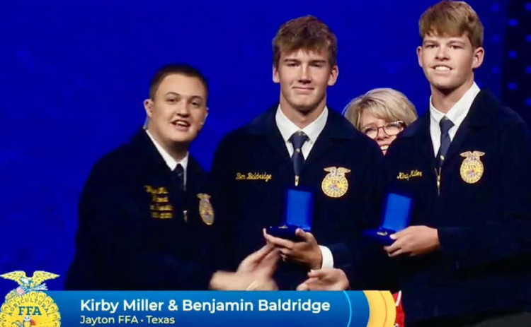NATIONAL FFA CHAMPIONS Ben Baldridge and Kirby Miller at National FFA Champions in Agriscience Research - Environmental Service/Natural Resources Division 4.They attended the National FFA Convention in Indianapolis last week and did a bit of sightseeing including visiting the site of the Indianapolis 500. They are advised by Shane and Keri Miller. Great job to all involved. | COURTESY PHOTOS