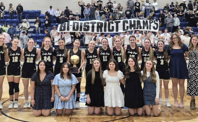 BI-DISTRICT CHAMPS The Jayton Lady Jays held Crowell scoreless in the first quarter and went on to secure the gold ball with a 61-17 bi-district win in the first round of the Texas 1A basketball playoffs Feb. 16 in Stamford. They'll face Strawn, Feb. 18, 6 p.m.. in Tuscola. | COURTESY PHOTO