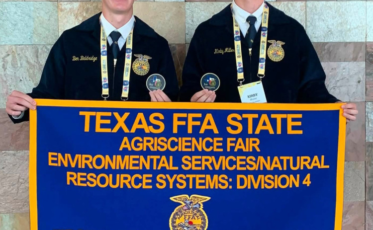 TOP 10 IN NATION JGISD FFA’S Ben Baldridge and Kirby Miller are officially top 10 in the nation. They received word that their agriscience fair project was selected and they will be interviewing for their top 10 placing in the Environmental Sciences/Natural Resource Systems category. The boys will compete in the virtual interview in September and then travel to Indianapolis, Indiana to walk the stage at Lucas Oil Stadium during the 99th National FFA Convention in October. | COURTESY PHOTO