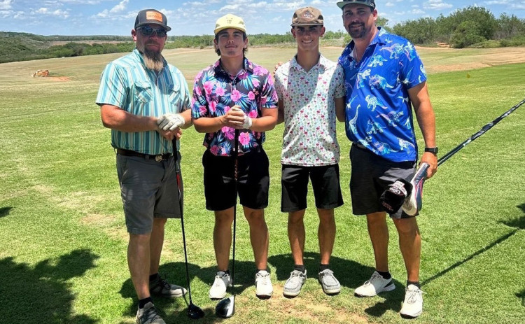 SPUR HS JUNIOR CLASS was the beneficiary of a golf fundraiser held last week in Spur. Pictured above, and finishing in 1st place was the team of Brandon McBroom, Ace Taylor, Rylan Bingham and Chance Bingham. Not pictured is the 2nd place team of Dustin Fincher, Colt Gentry, Bode Ham and Clint Long. Honors for the longest drive went to Brooke Reese, and Closest to The Pin was won by Landon White. The class sponsor is Kristy Price. | COURTESY PHOTO