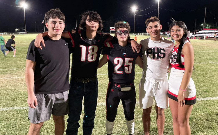 SENIOR NIGHT Patton Springs celebrated Senior Night at last week’s football game. Players from the Class of 2025 are Michael Garza, Preston Benavides, Ben McKinney, Diezel Ramirez and Toryan Childers. Not shown is Aydan Posey. | COURTESY PHOTO