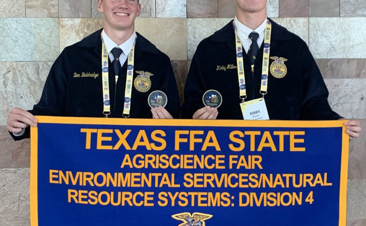 Jayton’s Kirby Miller and Ben Baldridge were selected as the Texas FFA Agriscience Fair State Champions in Environmental Systems/Natural Resources (ENR), Division 4. They were recognized on stage at the 3rd general session of the Texas FFA State Convention in Fort Worth last week. | COURTESY PHOTOS