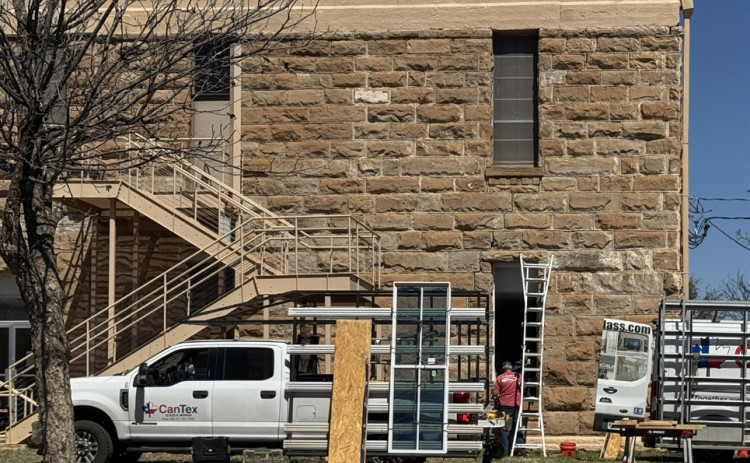 INSTALLATION OF NEW WINDOWS in a historically appropriate style has begun this week at the Dickens County Courthouse, after a lengthy period on order. In July 2025, county commissioners accepted a sole bid of $345,000 for replacement of 43 Peerless windows and $37,300 for three doors, which are approved by Texas Historical Commission standards for historic buildings.The repair was required to mitigate persistent leaks. | TEXAS SPUR