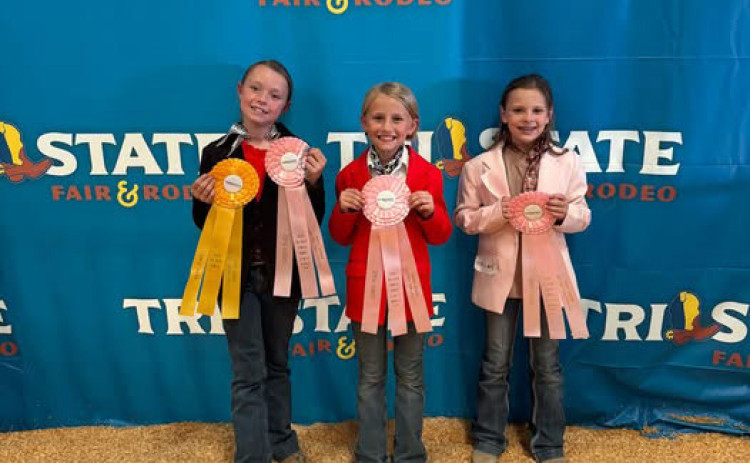 DICKENS COUNTY 4-H JUNIOR HORSE JUDGING TEAM of Steely, Timberlyn and Gentry won 4th place at the Tri-State Fair in Amarillo.