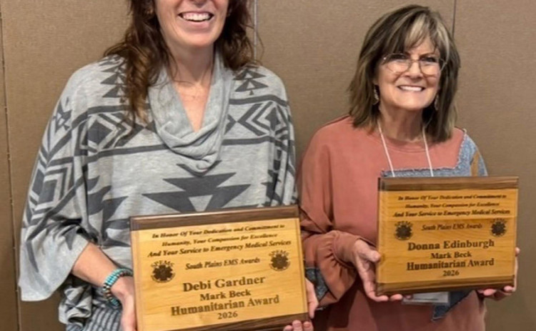 SELFLESS SERVICE McAdoo’s Debi Gardner, left, and Donna Edinburgh of the Dickens Emergency Management Service were both recognized April 11 with the Mark Beck Humanitarian Award. | COURTESY PHOTO