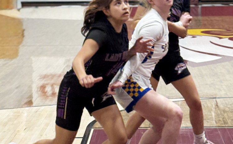 BLOCKS TWO Senior Erin McGalliard blocks out two Meadow players in the area round.