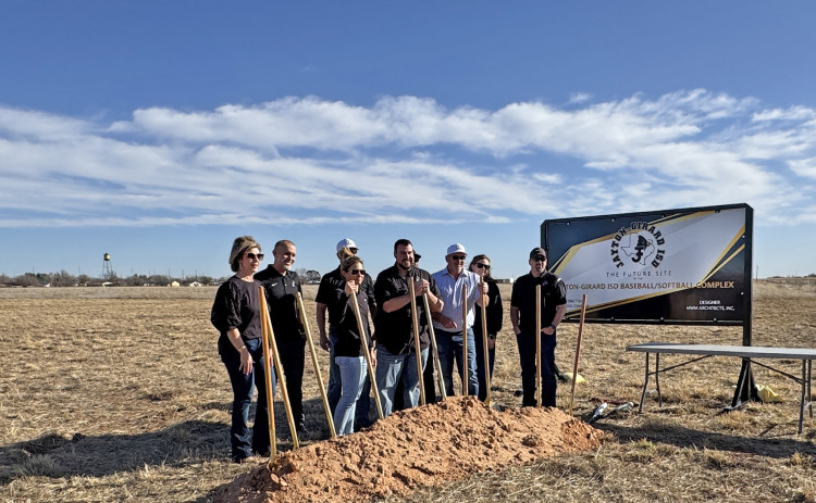 FUTURE FIELD Many of the student body and community joined the Jayton-Girard ISD board Wednesday afternoon for a ceremonial groundbreaking at the site of the school’s new baseball-softball complex. | THE TEXAS SPUR