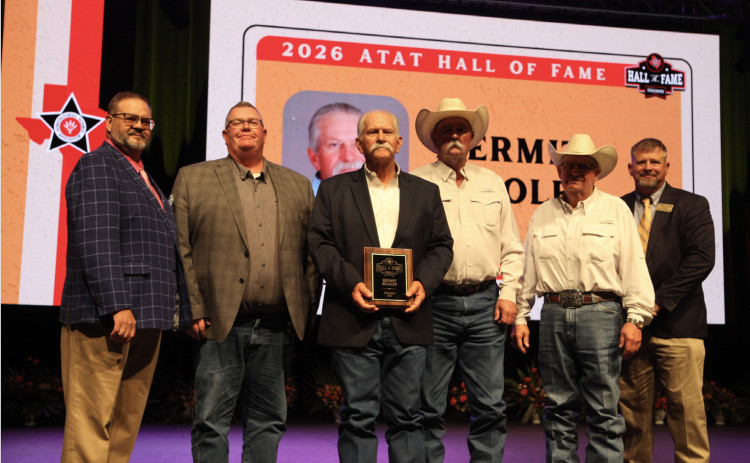 35-YEARCAREER Retired ag science teacher KermitWoolley of Spur was inducted into the Agriculture Teachers Association ofTexas Hall of Fame in July. Attending the ceremony withWoolley were Shane Miller, former Spur ISD ag teacher and current teacher at Jayton-Girard ISD; and friends Bobby Baker and Roger Green. | TEXASAGTEACHERS.ORG