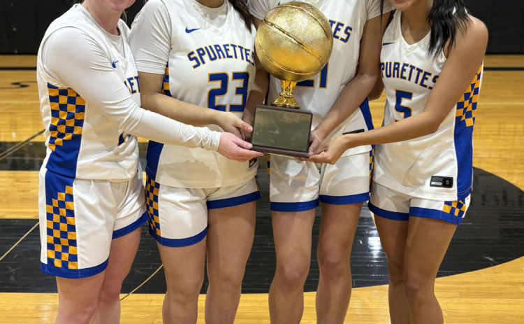 CELEBRATION Spurettes seniors celebrate their 63-20 bi-district win. From left are Erin McGalliard, Addison Fulmer, Kimberlee Segura and Olivia Ortiz. | TEXAS SPUR PHOTO